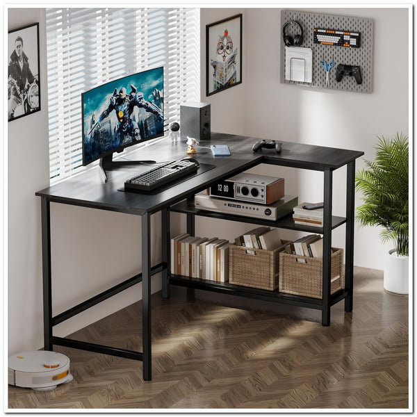 L Shaped Computer Desk, 47 Inch Gaming Desks with Hooks, Corner Desk with Storage Shelves, Office Desk for Small Space, Reversible Desks for Home Office