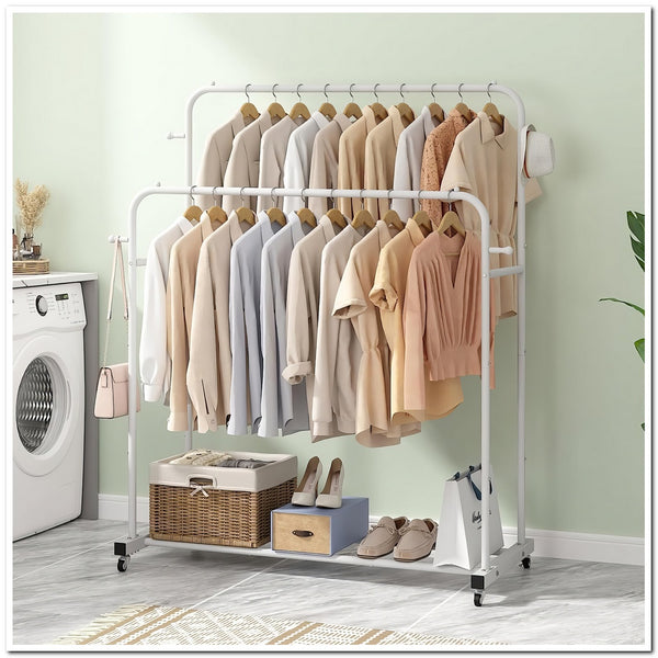 Double Rods Clothing Rack with Wheels, Garment Rack for Hanging Clothes, Multi-functional Bedroom Clothes Rack