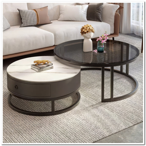 Modern Living Room coffe table Set Of 2 Round Nesting Tables With Drawer Compact Storage Nesting Coffee Table Sofa Side End Table For Living Room Bedroom Home Office