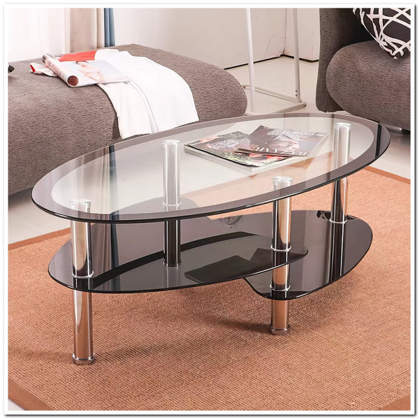 Round Oval Glass Coffee Table Round 3 Tier Dinner Office Side Cocktail Table Furniture with Stainless Steel Legs for Living Room