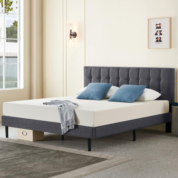 Iyee Nature Upholstered Platform Bed Frame with Tufted Headboard, Full Bed for Wood Slat Support/Mattress Foundation/No Box Spring Needed/Easy Assembly, Grey