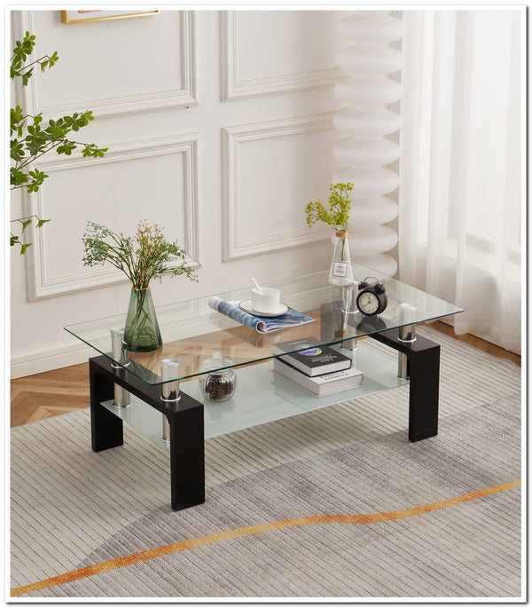 Tempered Glass Top Square Double-Layer Coffee Table with MDF Legs