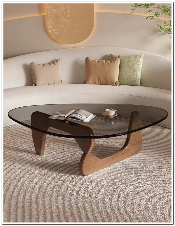 Triangle Coffee Table Modern Vintage End Table, Solid Wood Base and Clear Glass Top, Accent Abstract End Table for Living Room Home Office